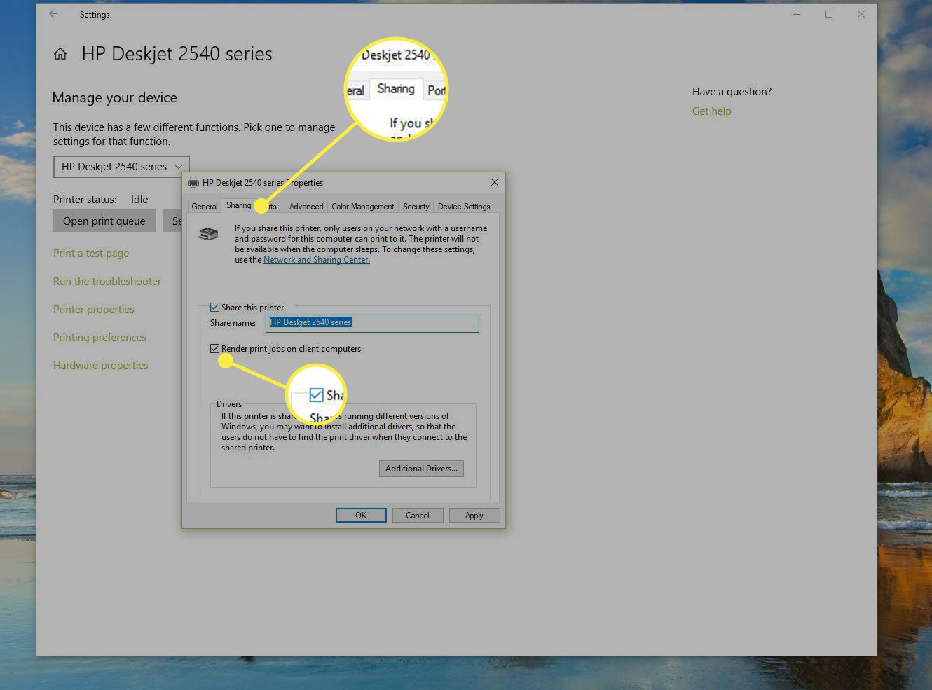 Printer settings in Windows with the Sharing tab and Share checkbox highlighted