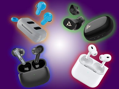 An assortment of different brands of earbuds on a purple and white background