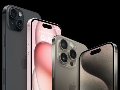 The iPhone 15, iPhone 15 Pro, and two Apple Watch Series 9s on a black background