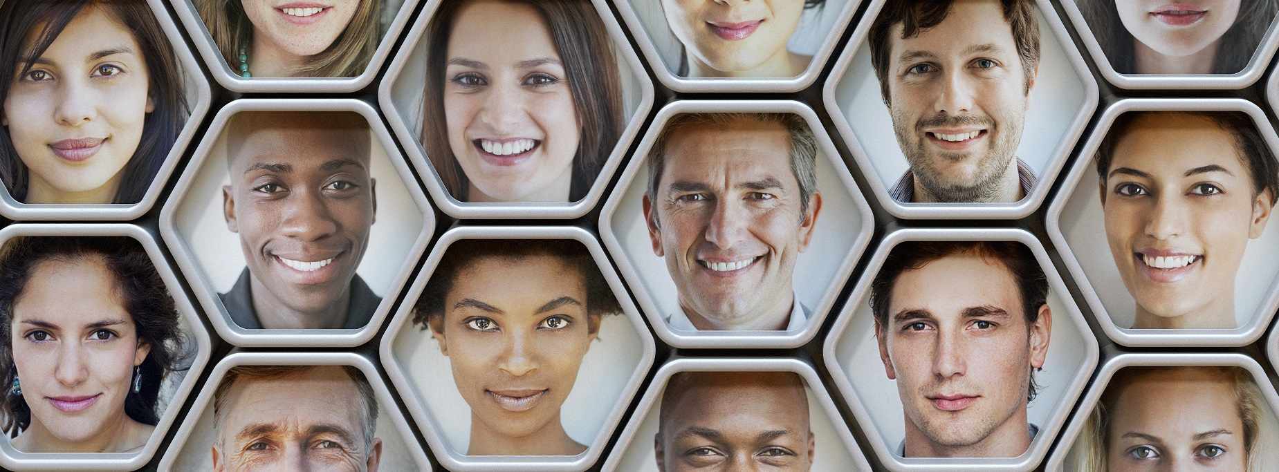 A group of hexagonal portrait pods showing faces of all genders and races.