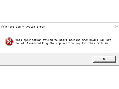 Screenshot of an mfc42d DLL error message in Windows