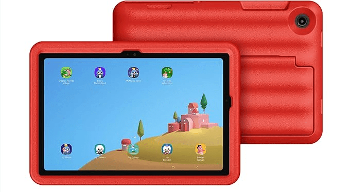 The Samsung Galaxy Tab A9+ Kids Edition tablet with a red puffy cover. 